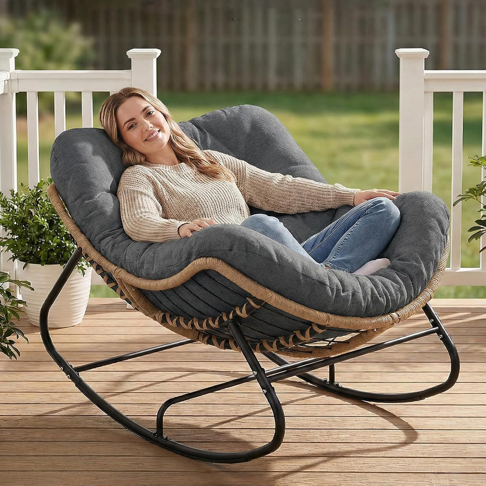 SWITTE Outdoor Rocking Papasan Chair with Thick Cushion, Dark Gray | Oversize...