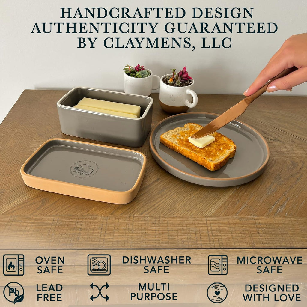 Mora Ceramic Two-in-One Butter Dish with Lid, Covered Butter Crock Container to Leave on Countertop - Large Storage Keeper/Holder for Kitchen, Gifts for Her, Butter Tray For Counter - Sesame Milk