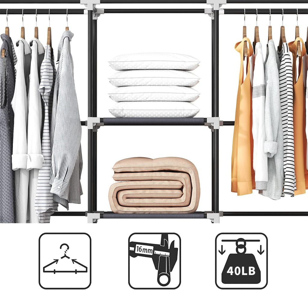 Portable Closet, 51 Inch Wardrobe Closet for Hanging Clothes with 2 Hanging Rods, 8 Storage Organizer Shelves for Bedroom, Durable and Easy to Assemble, Grey