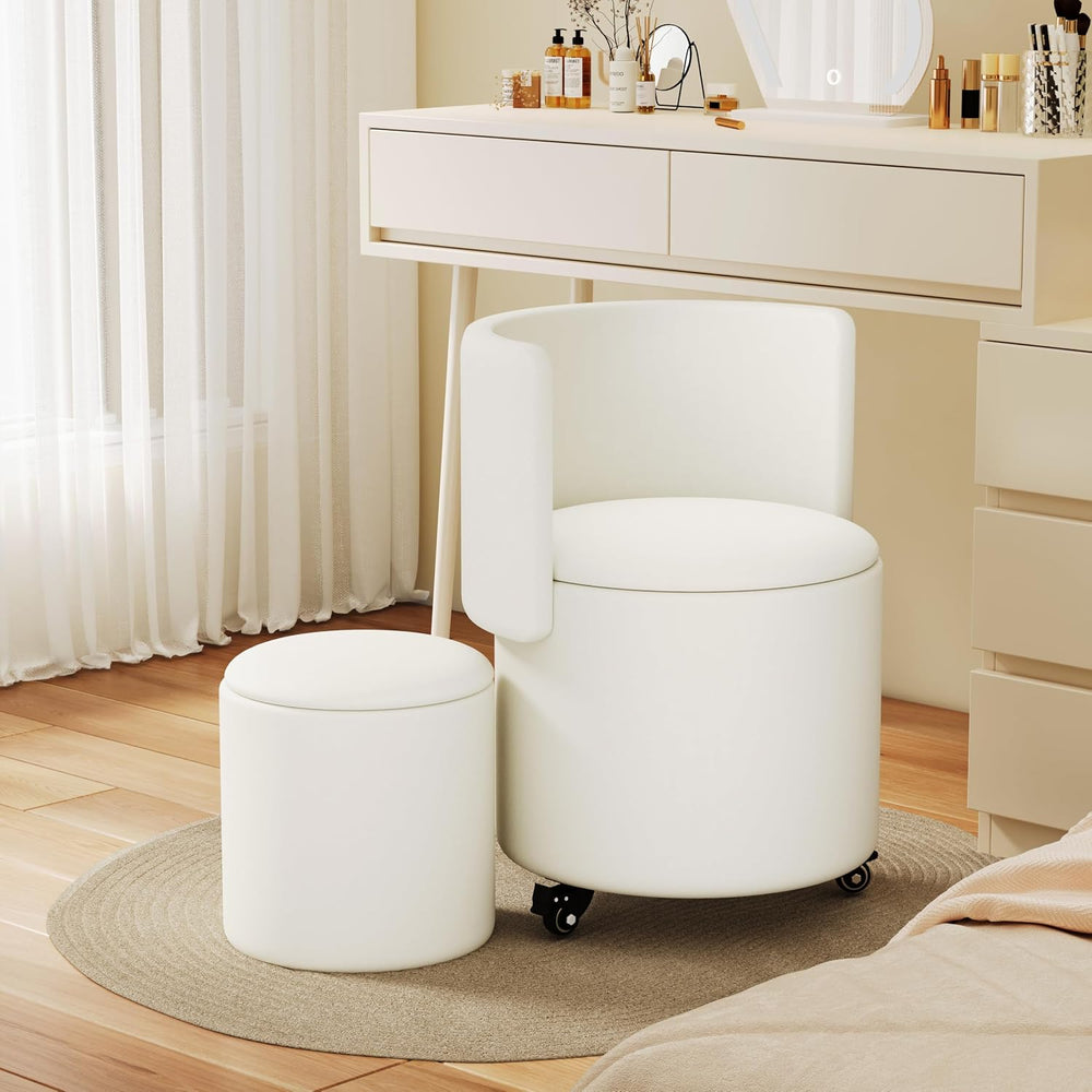 Round Vanity Chair with Storage, Rolling PU Leather Swivel Work Makeup Stool ...