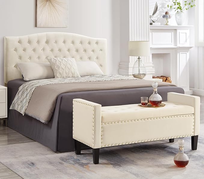 Upholstered Velvet Storage Ottoman Bench with Nail Trims,Soft Padded Seat with Armrest,for Living Room,Bedroom,Entryway,Easy to Assemble,Cream