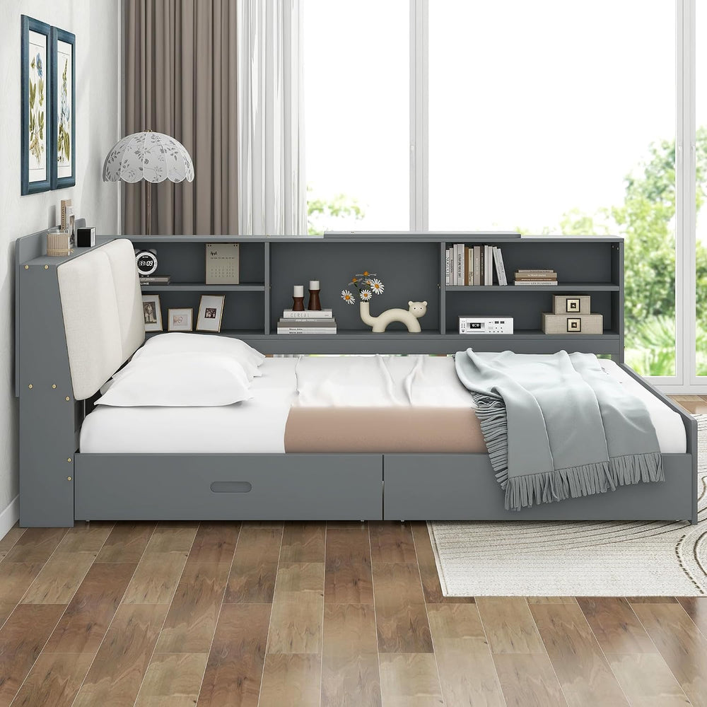 Peanu Full Bed Frame, Storage Headboard, Gray Upholstered Wood