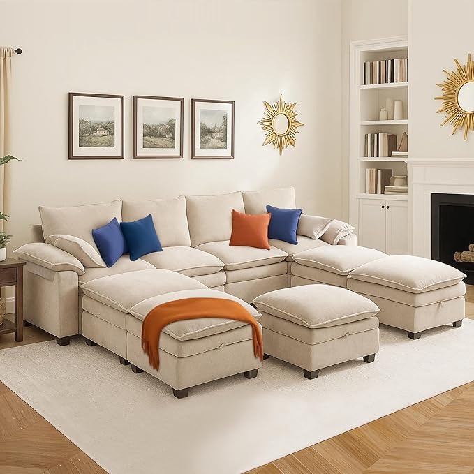 130" U Shaped Modular Sectional Sofa, Couch with Ottoman Storage, Chenille Cloud Couch with Plush Deep Seating for Living Room, Bedroom (Beige, 9 Seat)
