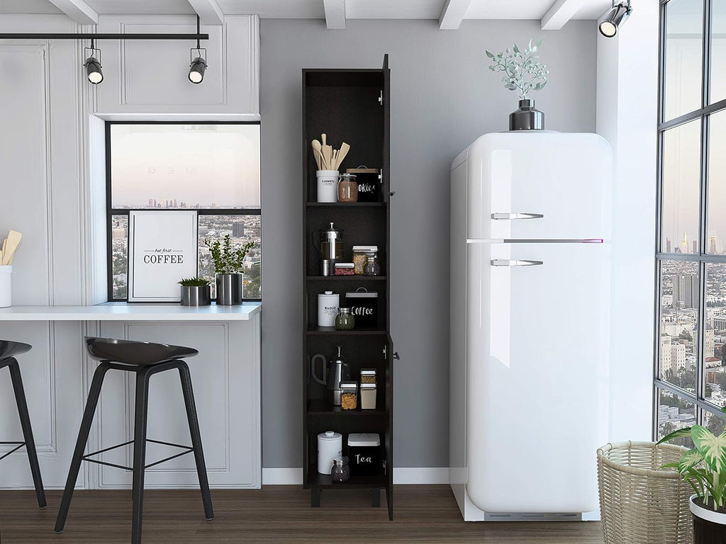 Modern Kitchen Pantry, Black Storage Cabinet with 2 Cabinets, 2 Doors and 2 Open Shelves, Easy to Maintain, for Dining Room