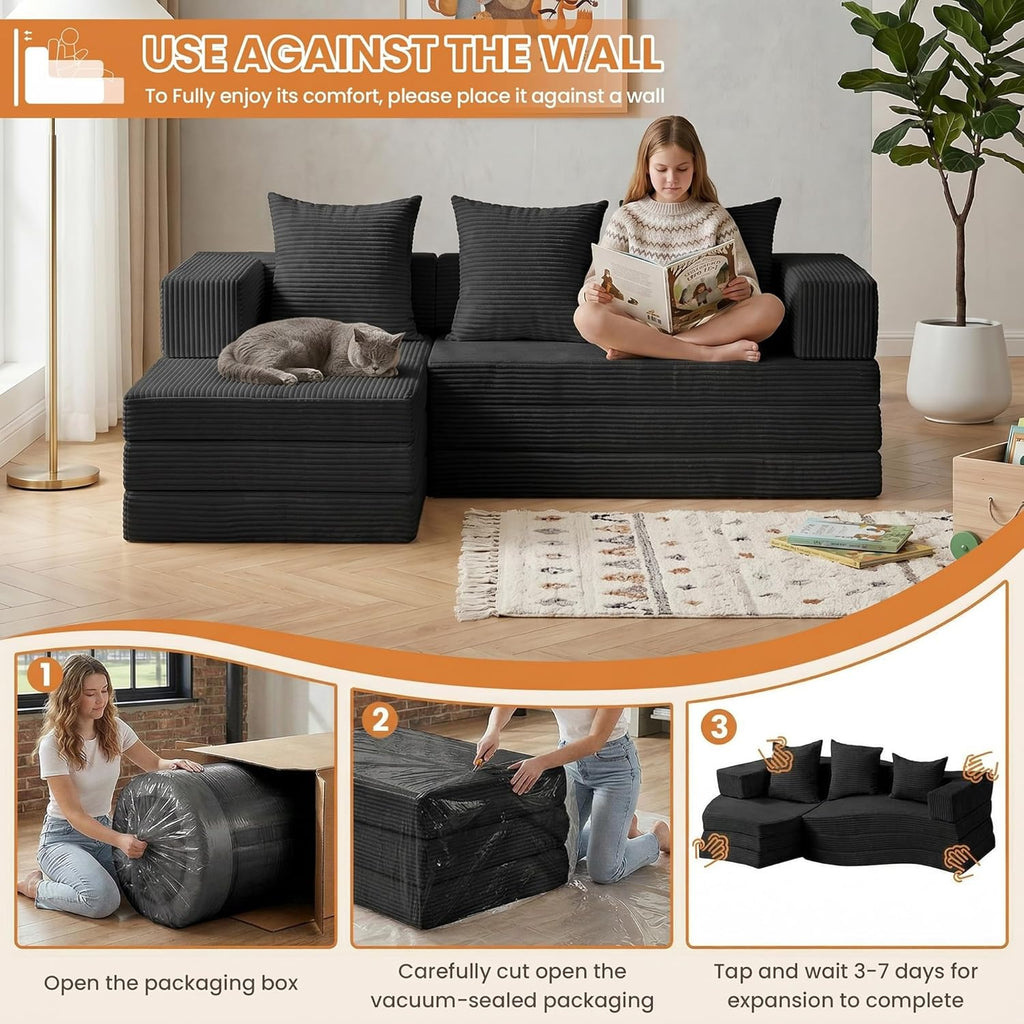 65" Boneless Couch,Convertible Sleeper Sofa Bed, Modular Sectional Sofa, Modern Tri-Folding Cloud Couch with L-Shape Chaise, Corduroy Futon Couches for Living Room Small Spaces Apartment,No Assembly
