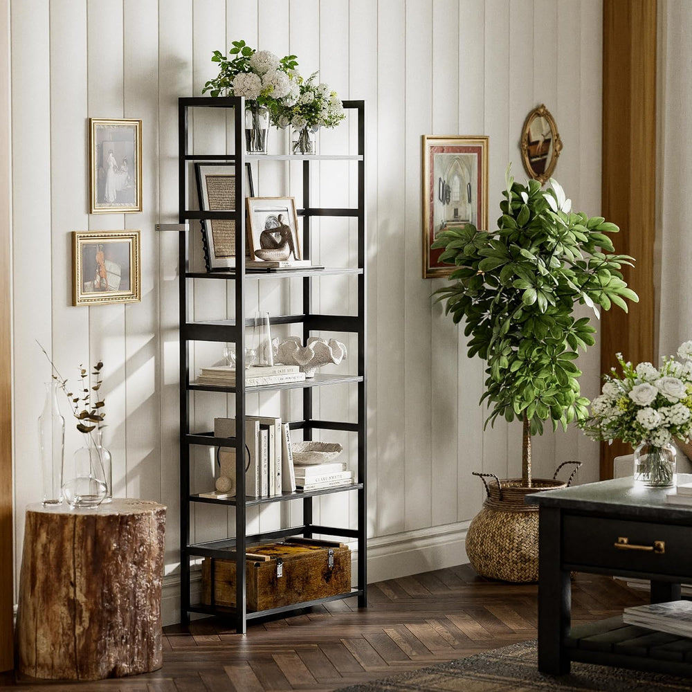 5-Tier Bamboo Wood Ladder Bookshelf, Tall Display Storage Shelf, Large Bookca...