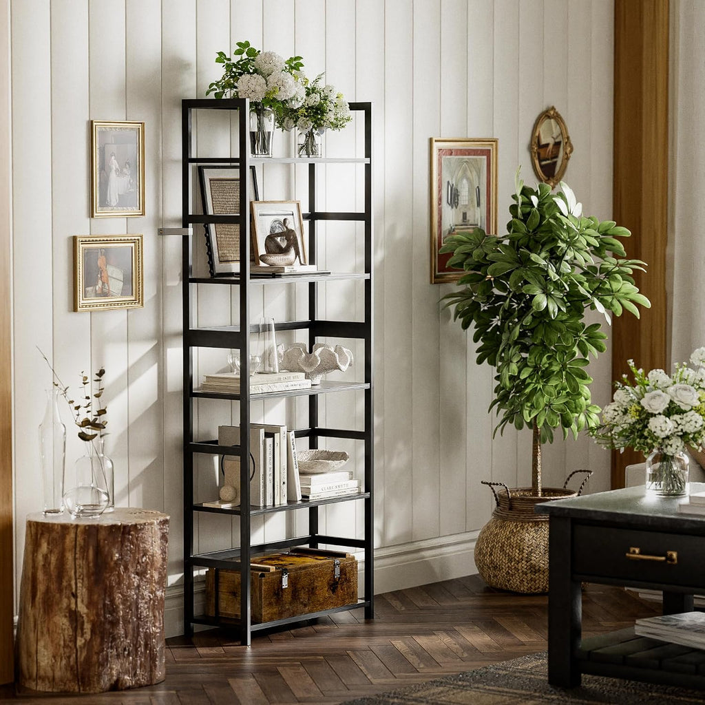 5-Tier Bamboo Wood Ladder Bookshelf, Tall Display Storage Shelf, Large Bookcase Modern Industrial Stand Organizer for Home, Office, Living Room, Kitchen, Bedroom, Black