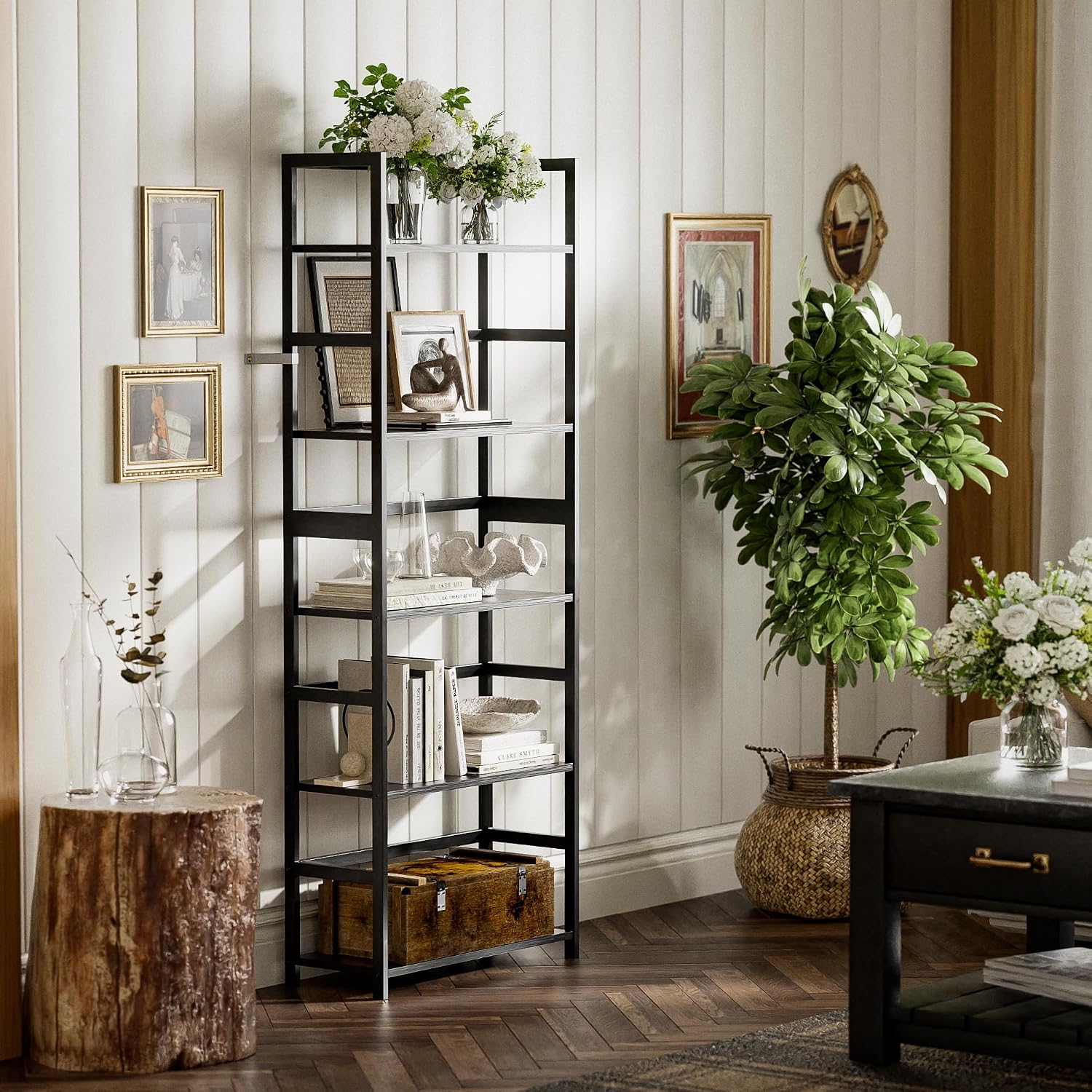 5-Tier Bamboo Wood Ladder Bookshelf, Tall Display Storage Shelf, Large Bookcase Modern Industrial Stand Organizer for Home, Office, Living Room, Kitchen, Bedroom, Black