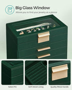 SONGMICS Jewelry Box Organizer with Glass Lid, 6-Layer Jewelry Storage, with 5 Drawers, Modern Style, Christmas Gift, 6.4 x 9.9 x 11.4 Inches, Forest Green and Gold Color UJBC171C01