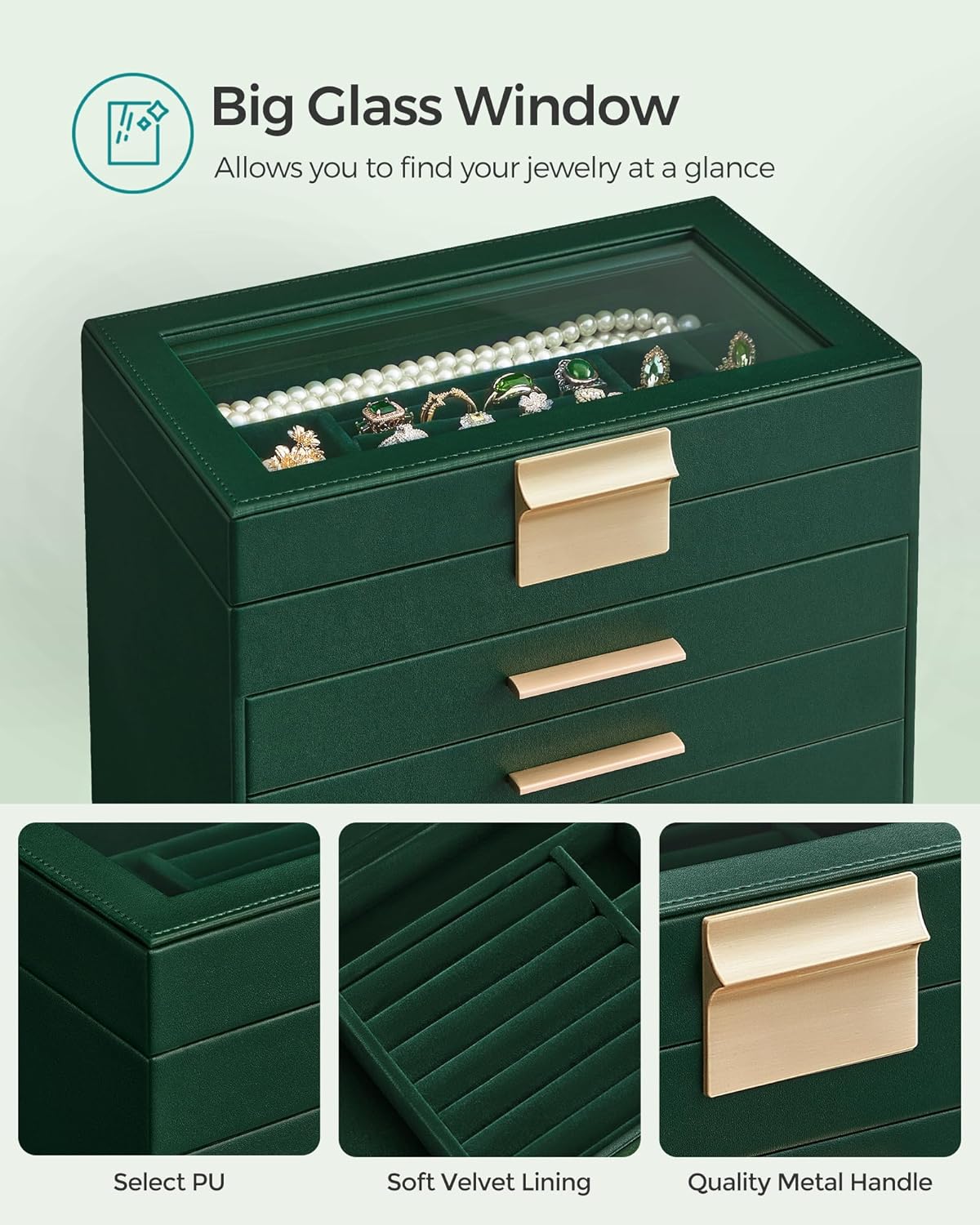 SONGMICS Jewelry Box Organizer with Glass Lid, 6-Layer Jewelry Storage, with 5 Drawers, Modern Style, Christmas Gift, 6.4 x 9.9 x 11.4 Inches, Forest Green and Gold Color UJBC171C01