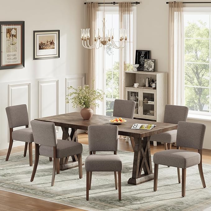 Upholstered Dining Chairs Set of 6, Fabric Kitchen Chairs with Padded Seat & Back, Solid Wood Legs, Modern Simple Dining Room Chairs for Kitchen, Dining Room, Living Room, Brown