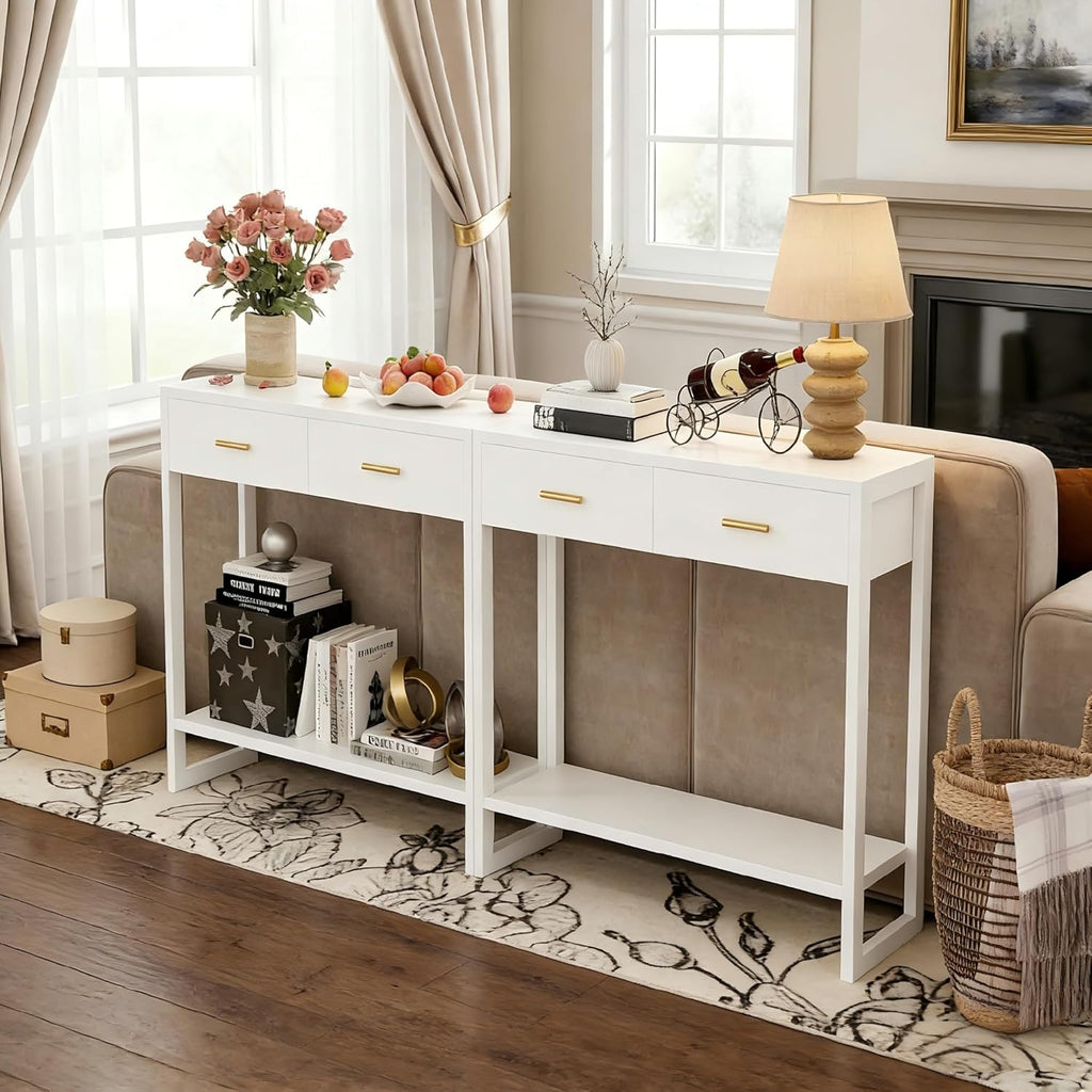 Slim Entryway Console Table with Foot-Sensor Light - 2 Deep Drawers & Open Center Shelf, Reinforced Legs & Comfortable Metal Handles, Multi-Scene Use for Hallway/Living Room/Small Apartment