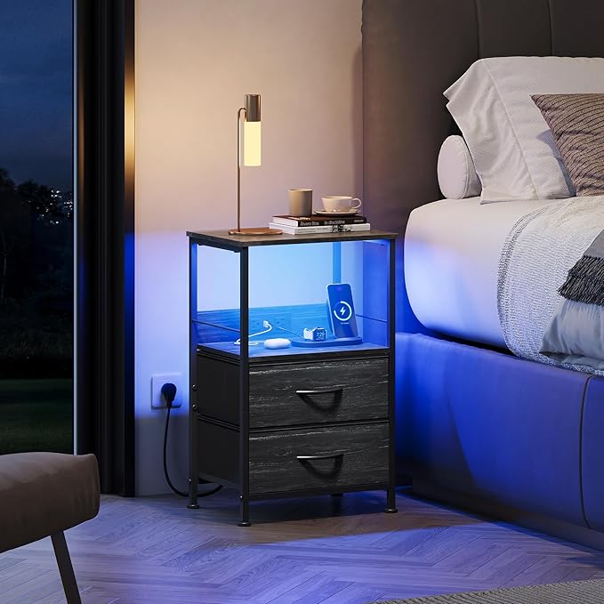WLIVE Night Stand with Charger Station, LED Nightstand for Bedroom, Small Dre...