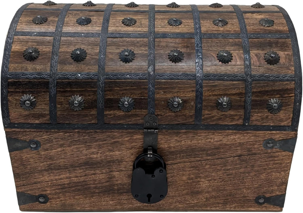 Handmade Pirate Treasure Chest - Wooden Storage Box with Iron Lock & Skeleton Key - Rustic Decorative Jewelry (XL 16 x 11 x 11)