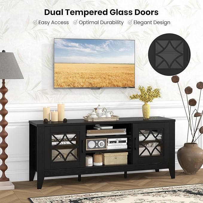 Giantex Farmhouse TV Stand for TVs up to 65", Entertainment Center with 4 Adjustable Storage Shelves & Tempered Glass Doors, Modern TV Console Table for Bedroom, Living Room
