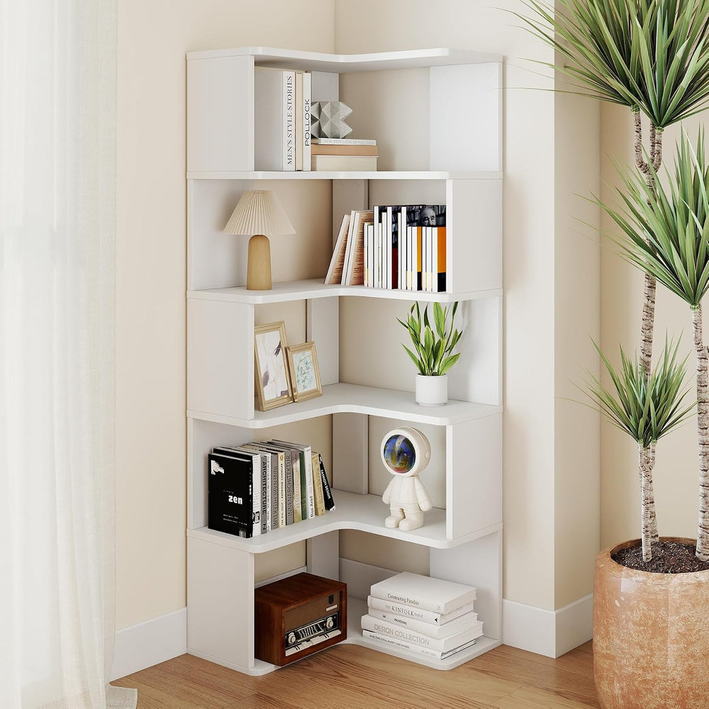 6-Tier Corner Bookshelf, 66" Tall L-Shaped Corner Shelf with Anti-Fall B...