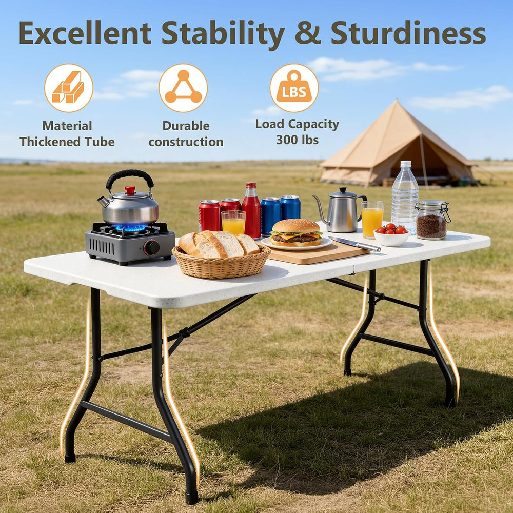 6FT Folding Table 2 Pack, Heavy Duty Fold in Half Plastic Tables with Carry H...