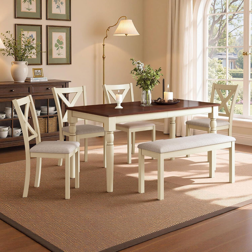 LUXOAK 6 Piece Solid Wood Dining Table Set with 60" Farmhouse Table | So...
