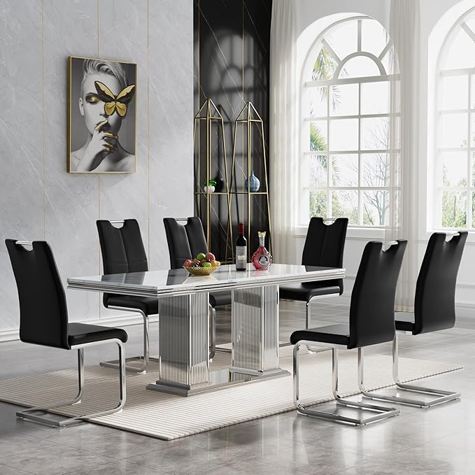 Goujxcy Dining Chairs Set of 6, Modern High Back Kitchen Chairs with Metal Legs and Faux Leather Padded Seat Upholstered Dining Chairs for Dining & Kitchen,Living Room (Black&Silver, Set of 6)