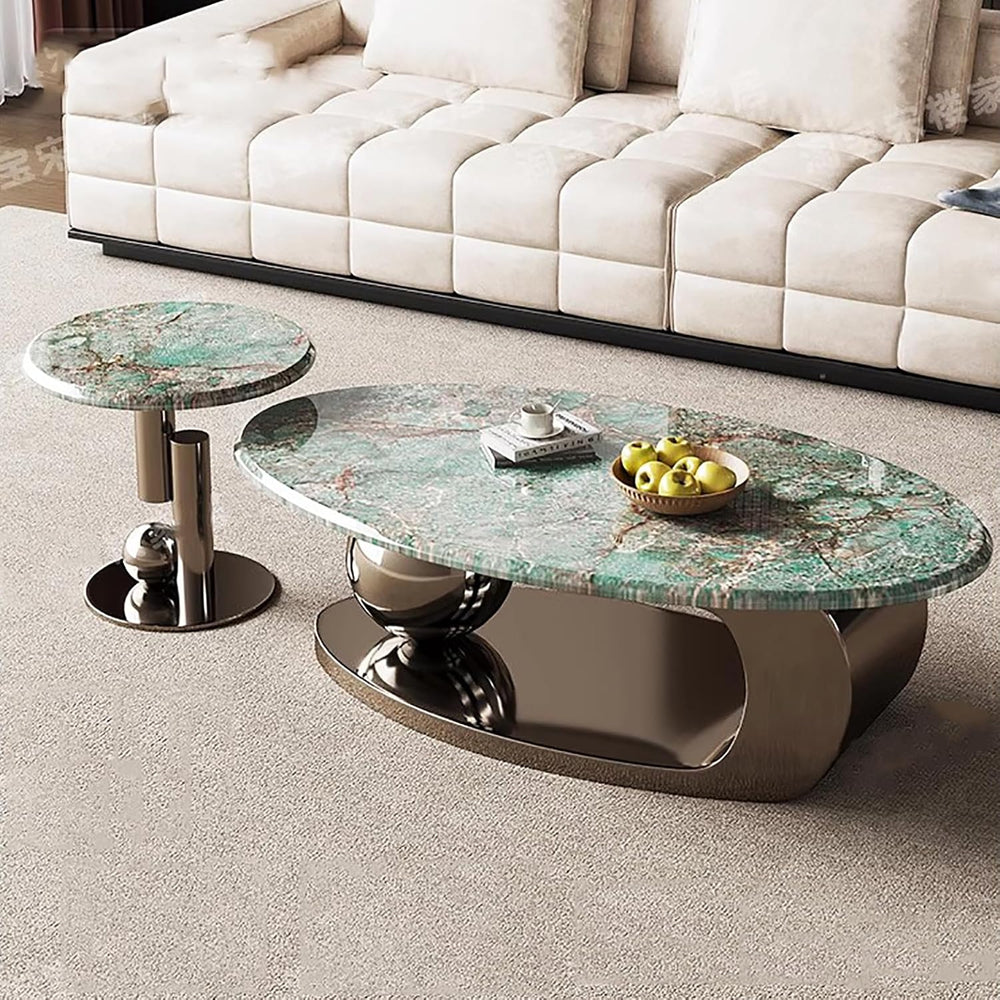Modern Coffee Table Set of 2 - Stylish Black & Gold Oval Nesting Tables f...