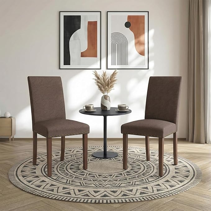TLSUNNY Upholstered Dining Chairs Set of 2/4, Tufted Parsons Design with Nail Head Trim, Solid Wood Legs and Padded Seat, Comfortable Fabric for Dining Room, Kitchen (Brown, Set of 2)