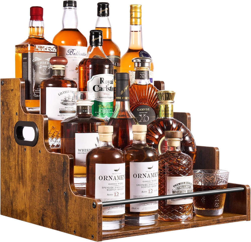 YQBRAO 4-Tier Liquor Bottle Display Shelf, 16-Inch, Rustic Brown | Holds up t...