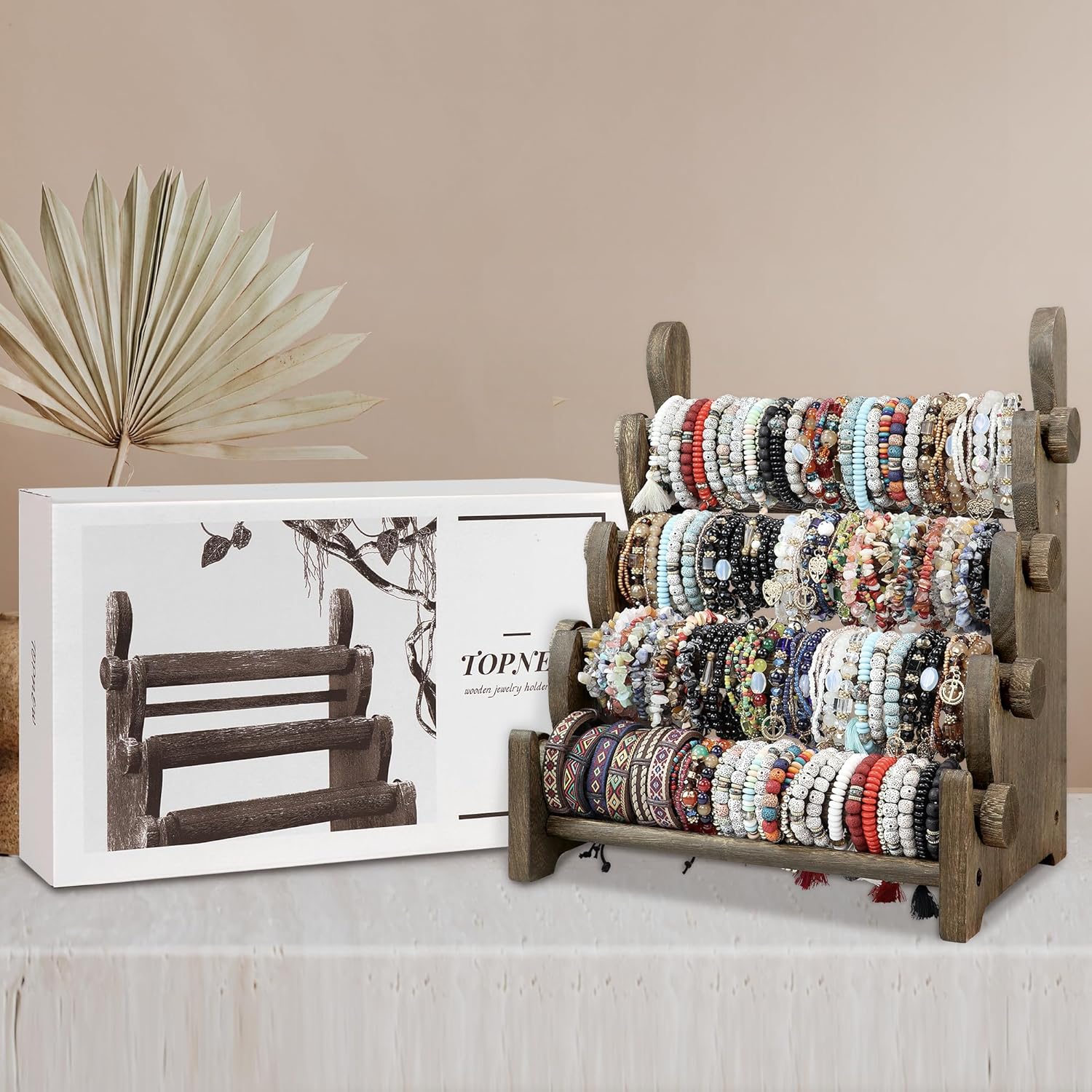 TOPNEW 4 Tier Wooden Bracelet Holder, Scrunchie Bangle Watch Necklace Display Storage Jewelry Holder Stand Display Organizer, Brown