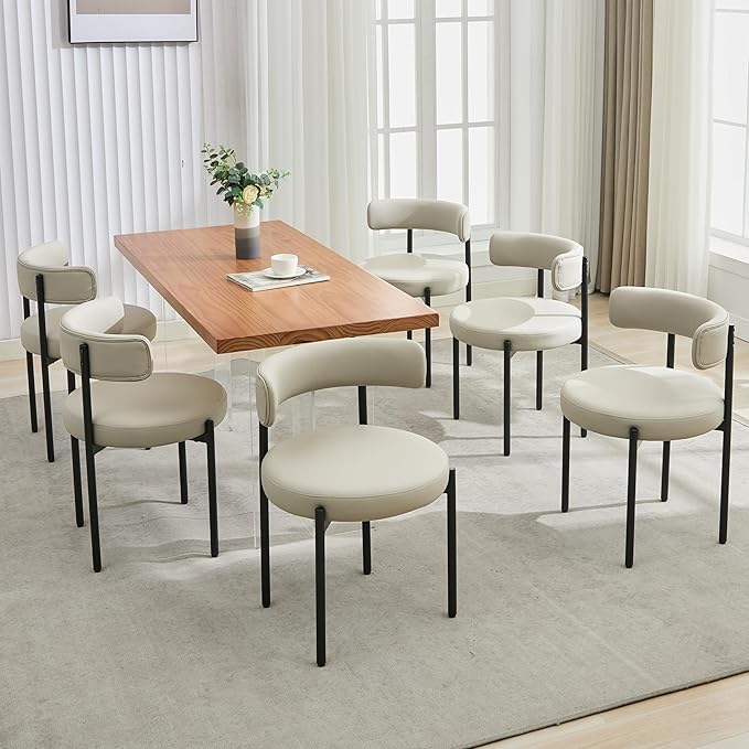 Faux Leather Dining Chairs Set of 6, Mid Century Modern Dining Room Chairs with Barrel Backrest, Upholstered Kitchen Chairs for Dining Room, Restaurant, Beige Grey