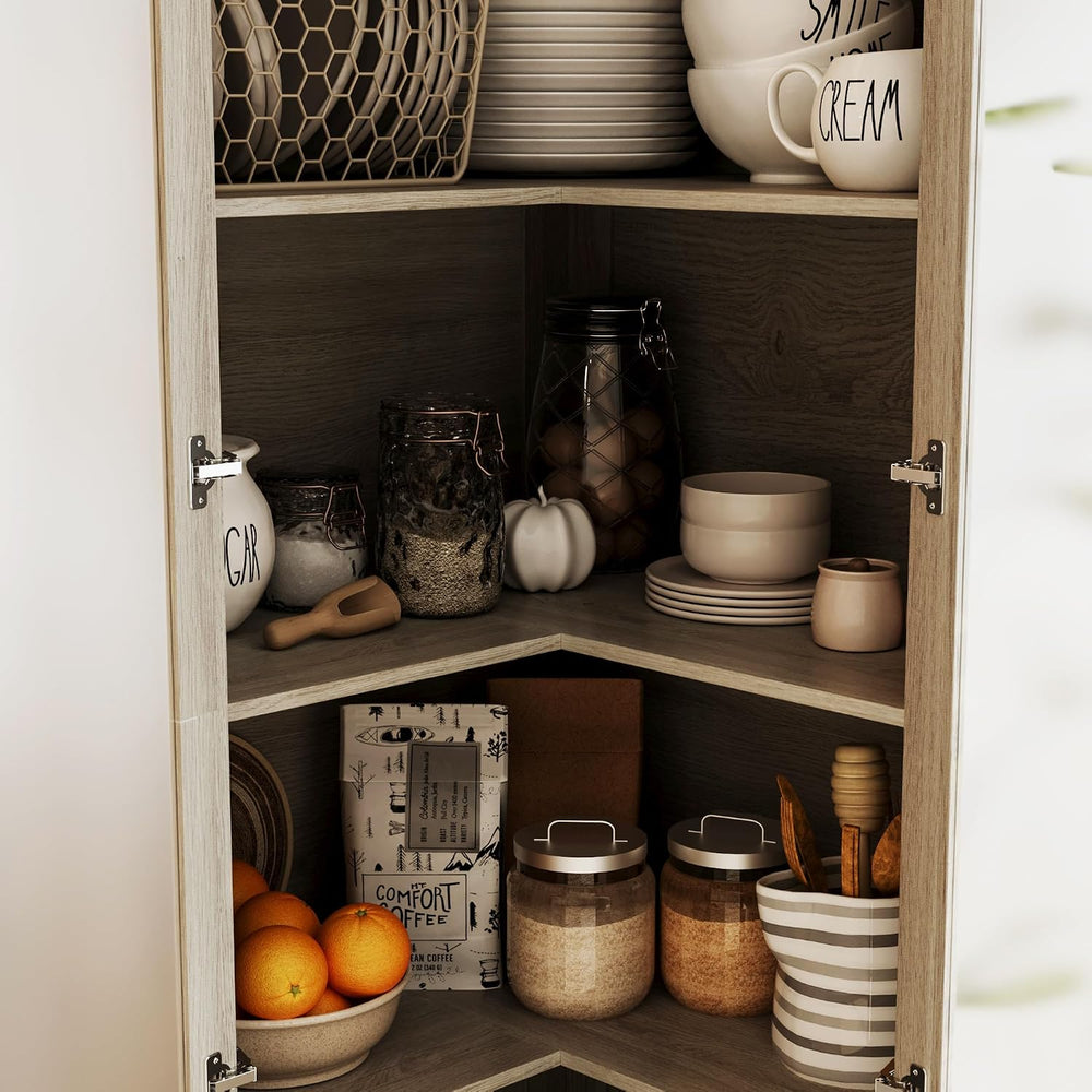 70.9" H L-Shaped Kitchen Pantry with Glass Doors, Modern Corner 4-Tiered...