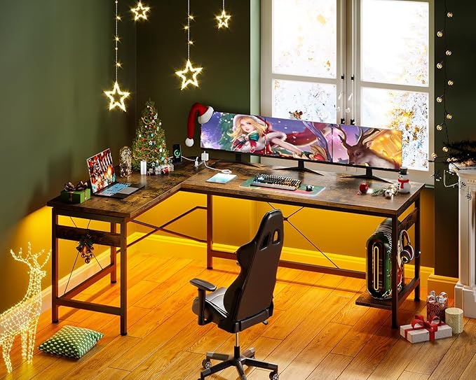 Coleshome 66" L Shaped Gaming Desk with Outlet, L Shaped Desk with CPU Stand, Corner Computer Desk, Home Office Desk, Writing Desk, Vintage