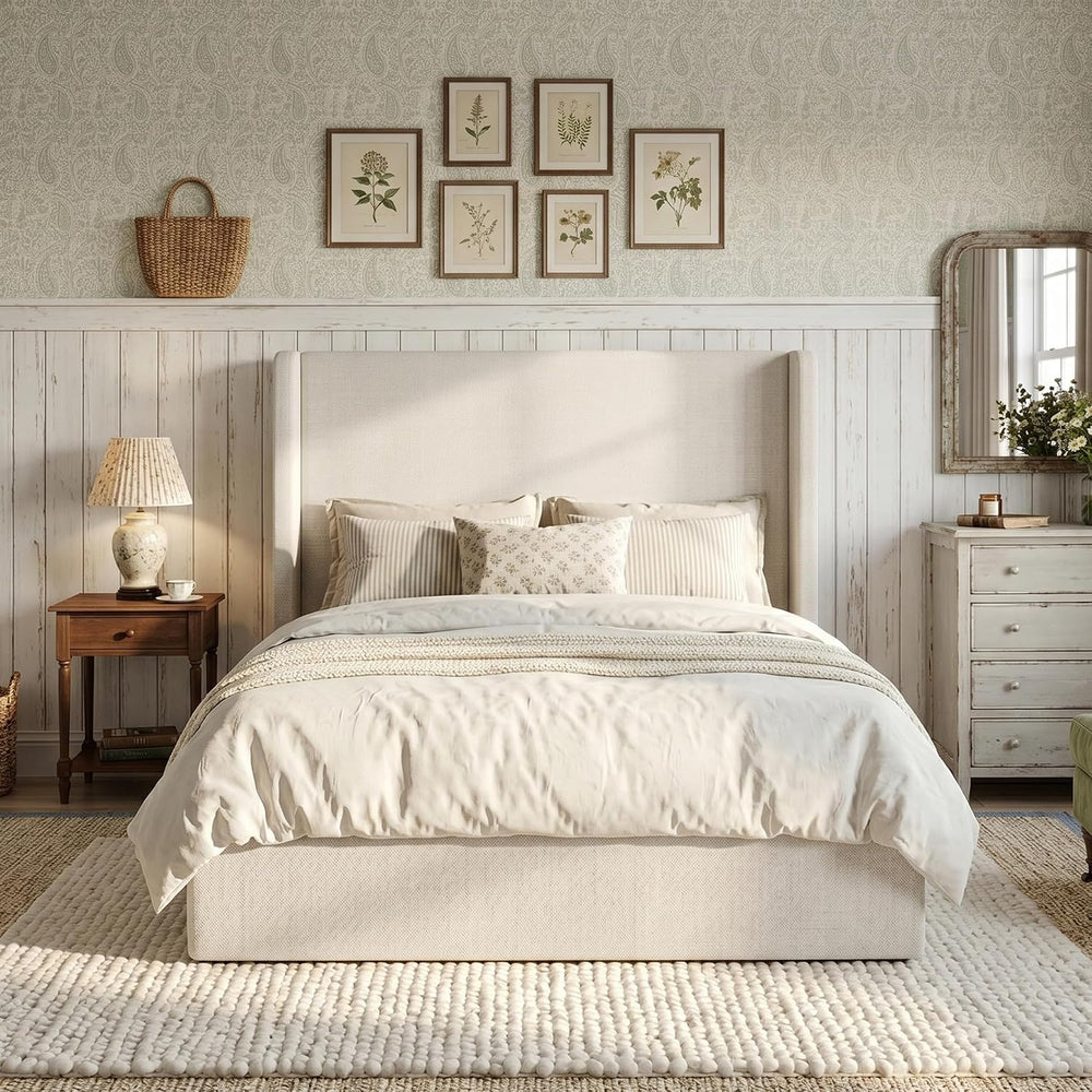 54" Majestic Extra-Tall Wingback Bed Frame Queen - Premium Textured Ivor...