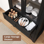 71" Tall Farmhouse Arched Storage Cabinet with Glass Door, Drawer and Barn Door, Versatile Pantry for Kitchen, Bathroom, Dining Room, Black