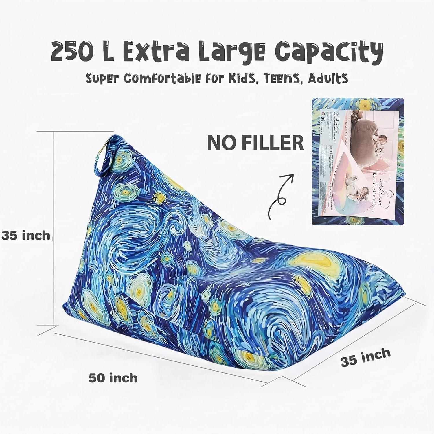 Stuffed Animal Storage Bean Bag Cover, 250L, Starry Night | Extra Large 250L Stuffed Animal Bean Bag Cover, 34'' Wide Opening, No Filler, Washable Canvas, for Kids