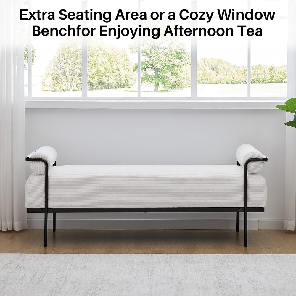 SOFTHION 61.2" End of Bed Bench, Corduroy Upholstered Entryway Bench, Wh...