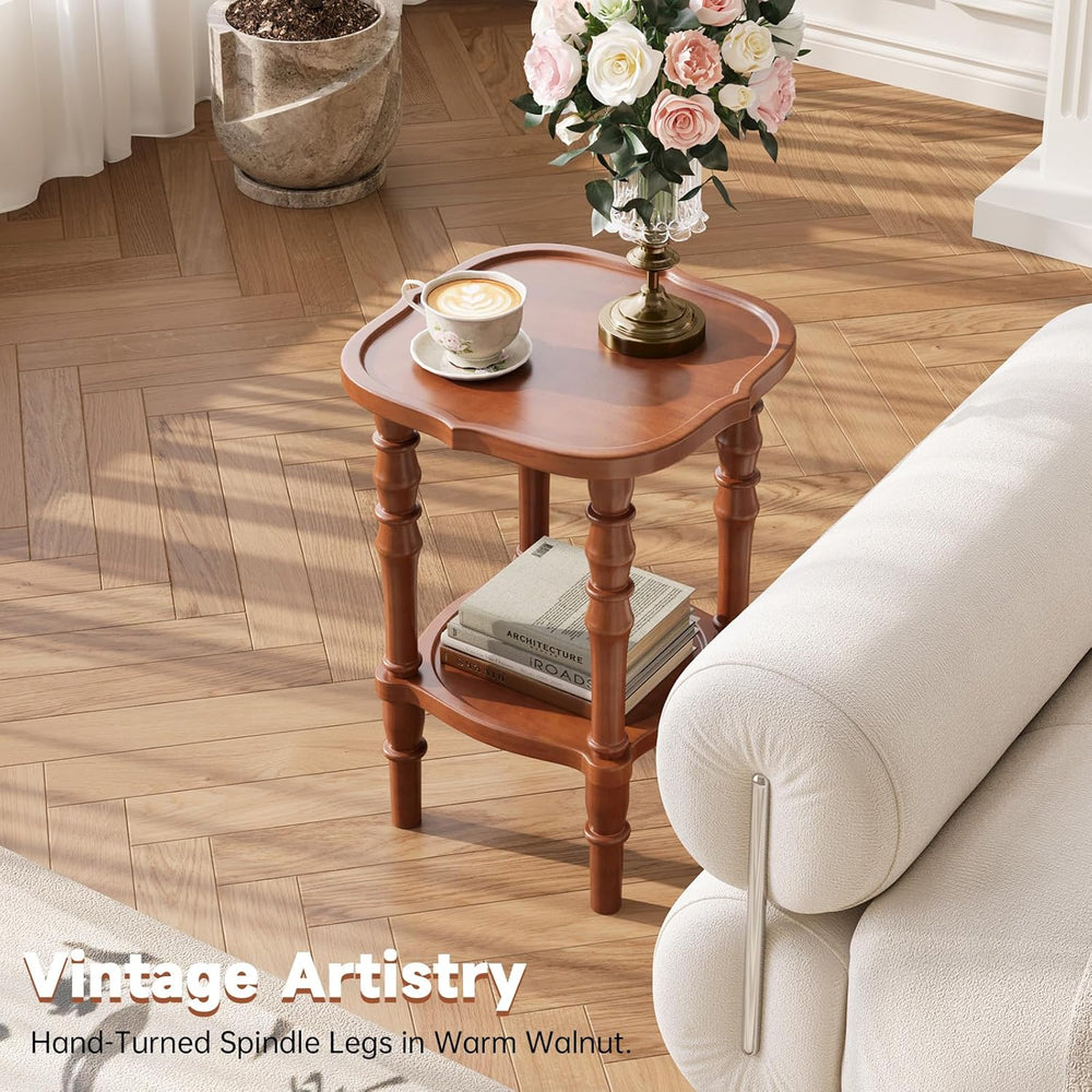 100% Solid Wood Side Table, Vintage 2-Tier Small Round End Table, Nightstand ...