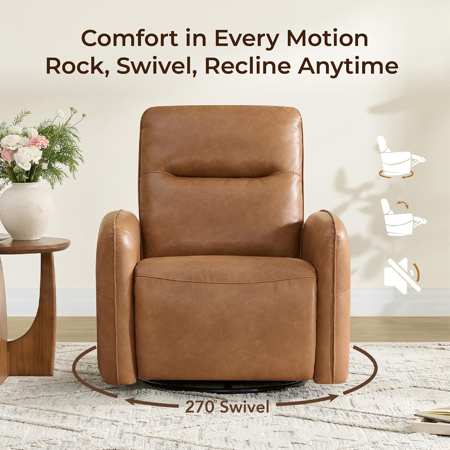 CHITA Faux Leather Power Recliner Chair, Swivel Glider, Camel | Nursery Rocking Chair for Adults with USB & Type-C Charging Ports, Electric Recliner for Living Room & Bedroom