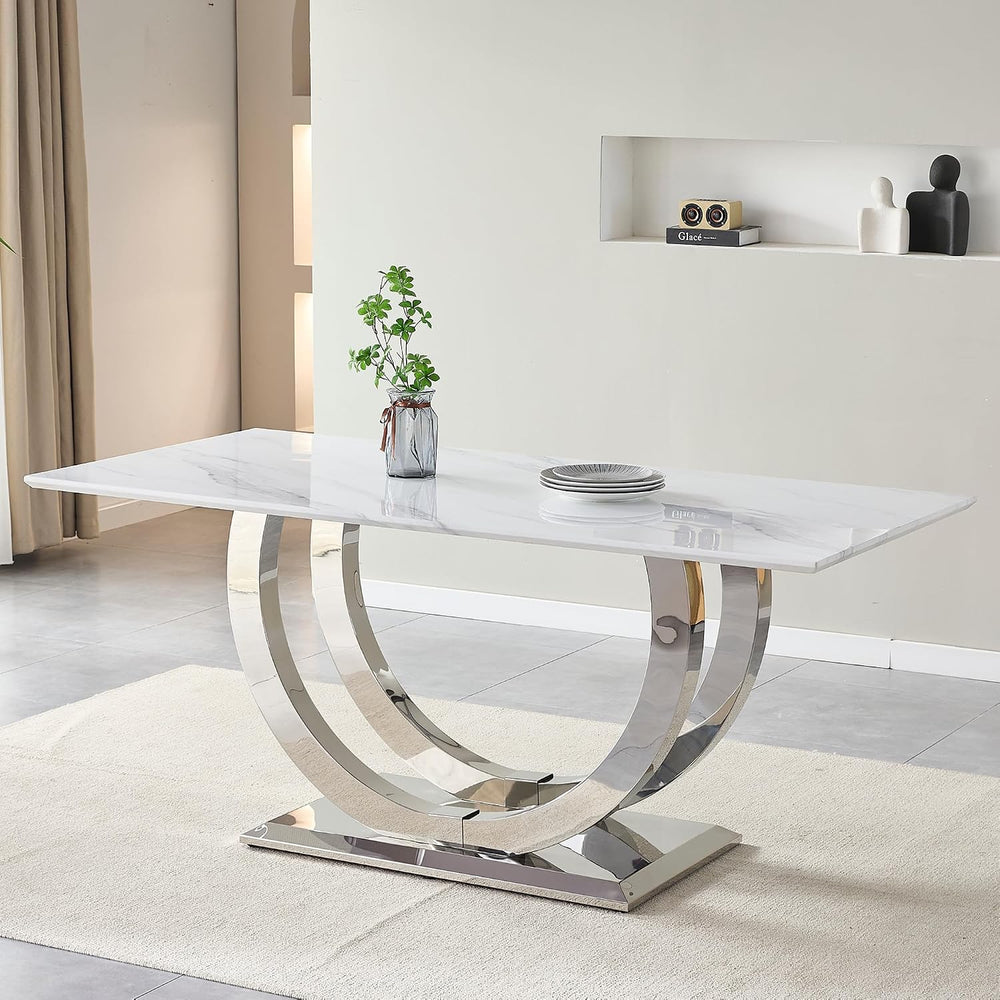 SSLine Modern White Marble Dining Table for 6,Luxury 69" Faux Marble Kit...
