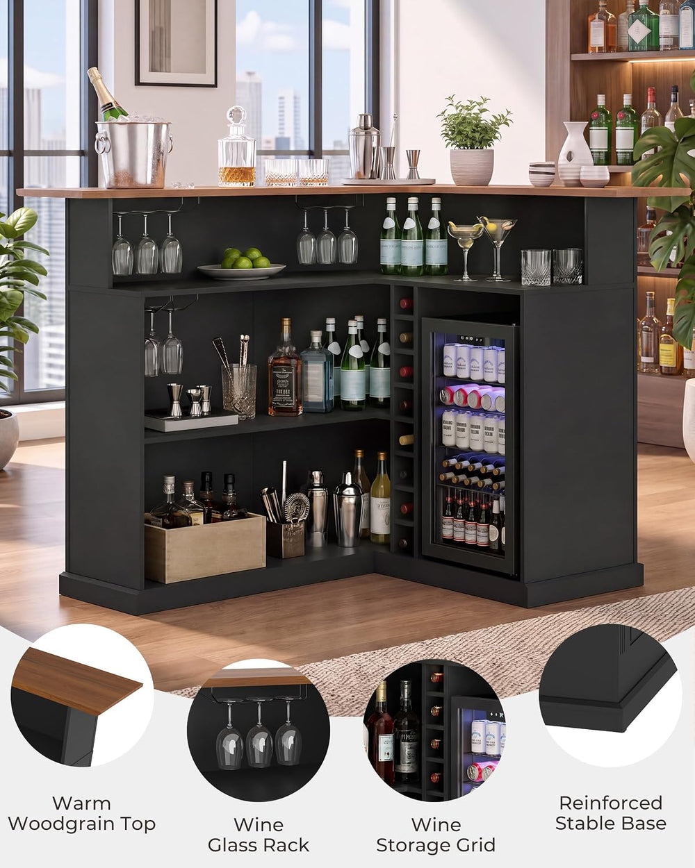 67" L Shaped Bar Cabinet with Fridge Space, Basement Bar