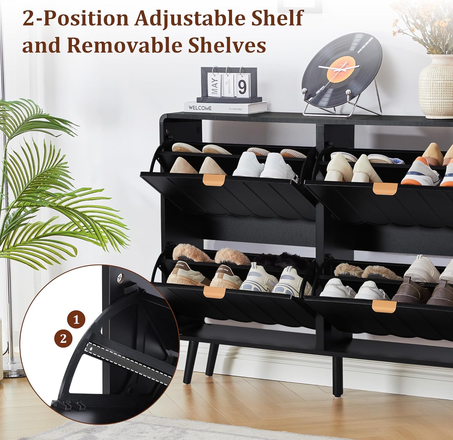 Shoe Storage Cabinet for Entryway with 4 Flip Drawers, Freestanding Narrow Wood Shoe Cabinet with Wave Panel, Hidden Shoe Organizer for Foyer, Hallway (Black)