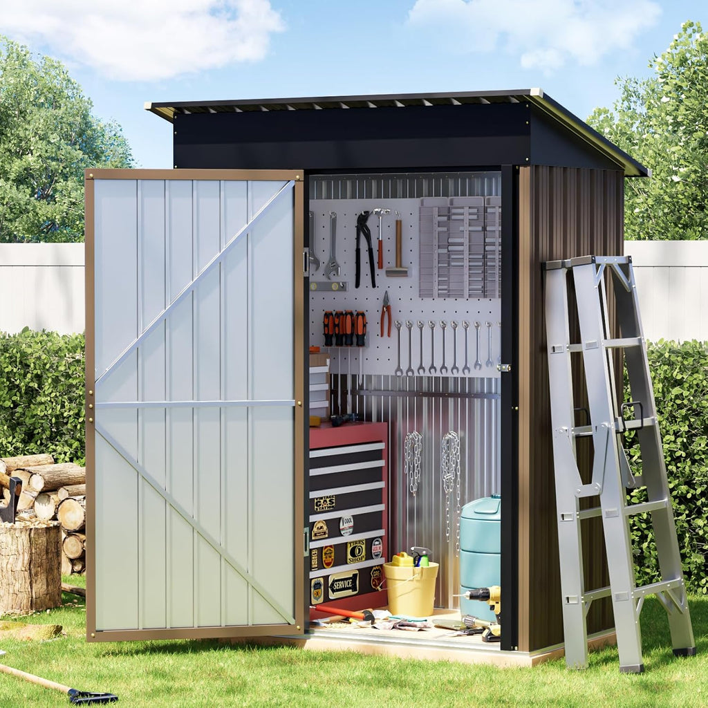 5x3FT Vertical Outdoor Steel Storage Shed, Lockable Doors, Compact Metal Tool Shed for Garden, Backyard, Patio, Utility, and Bike Storage,Brown