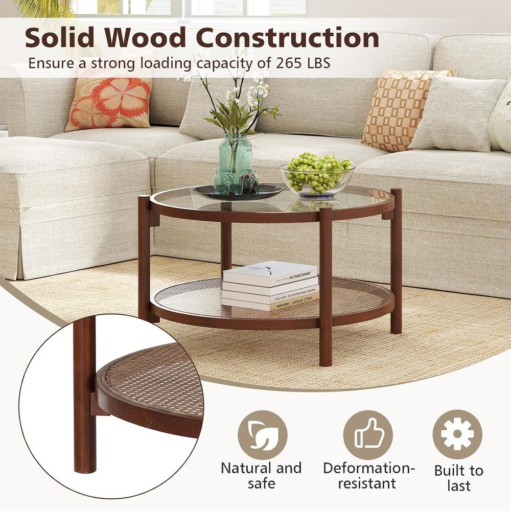 Rattan Coffee Table, 2-Tier Boho Glass Coffee Table with Solid Wood Frame &am...