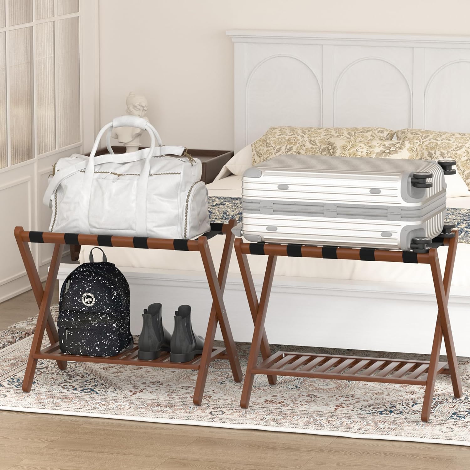 Luggage Racks Suitcase Stand Foldable With Storage Shelf For Guest Room Hotel Essentials Solid Bamboo Heavy-Duty Item Holder Chestnut Brown