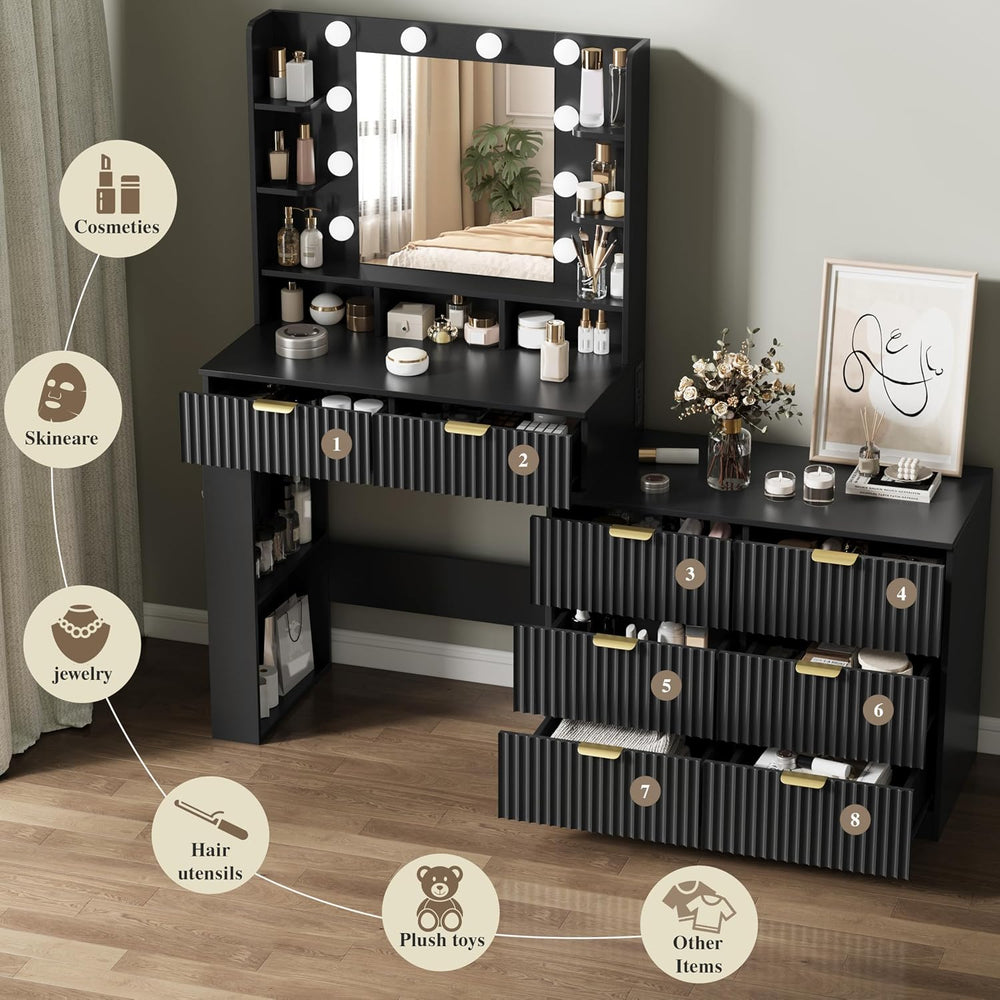 HUANLEGO 57" Fluted Makeup Vanity Desk with Mirror and Lights, Black | V...