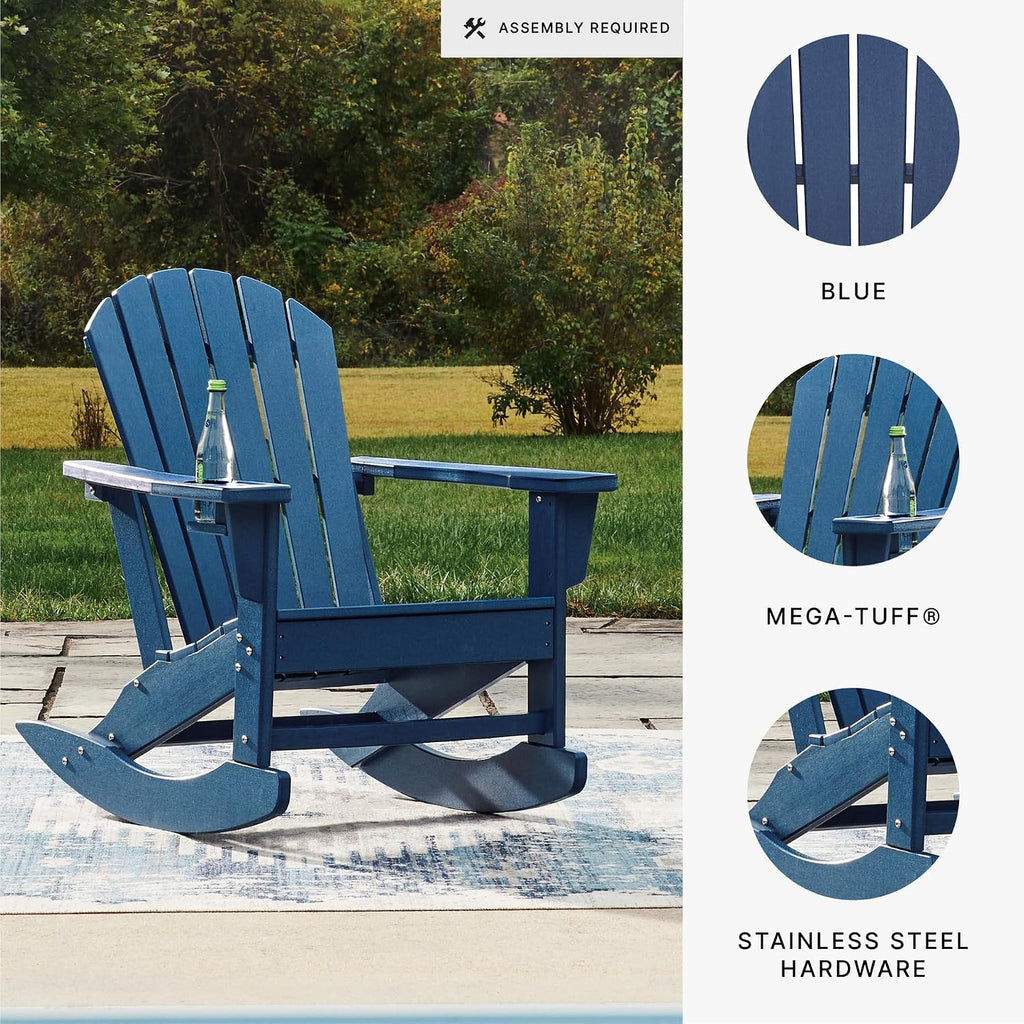 Signature Design by Ashley Sundown Treasure Adirondack Rocking Chair, Blue | Weather resistant HDPE, Integrated armrest cup holder, Heavy-duty 51-pound base, Rust-resistant stainless steel hardware