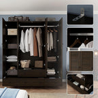 Almirah for Clothes, Tall Brown Bedroom Storage Wardrobe Closet Cabinet with Louvered Doors and Shelves, Large Wide Standing Wardrobe Clothes Closet with Hanging Rod and Drawers for Bedroom