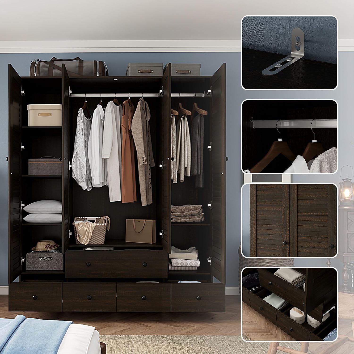 Almirah for Clothes, Tall Brown Bedroom Storage Wardrobe Closet Cabinet with Louvered Doors and Shelves, Large Wide Standing Wardrobe Clothes Closet with Hanging Rod and Drawers for Bedroom