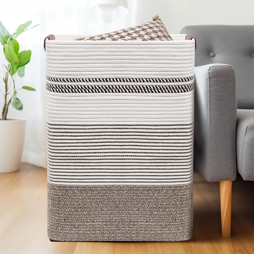 DOFASAYI Laundry Basket - 85L Large Cotton Rope Blanket Basket with Leather Handles, Decorative Storage Hamper, Clothes Hamper for Living Room, Bedroom, Rice Brown & White