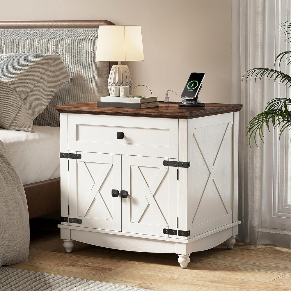 Farmhouse End Table with Charging Station, 24inch White Nightstand with Door ...