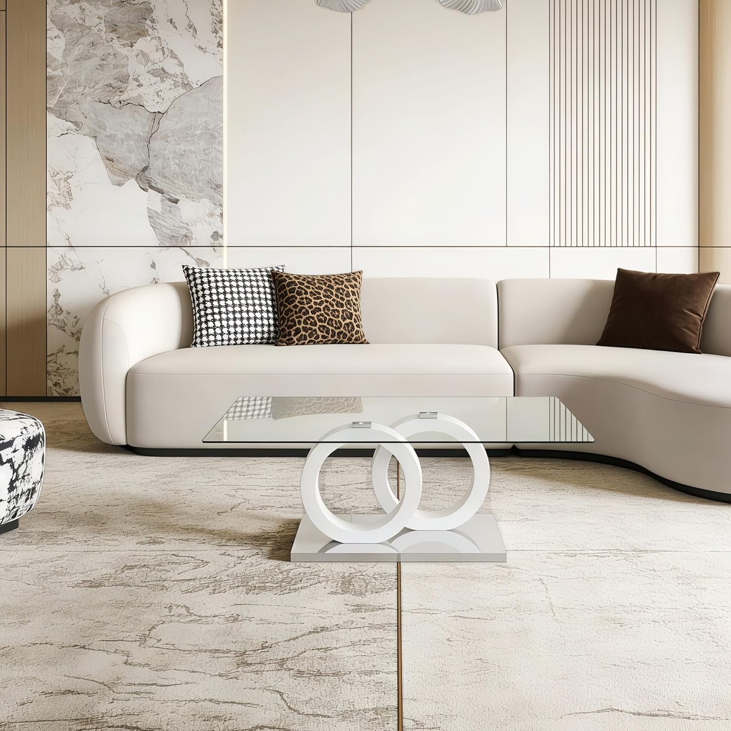Glass Coffee Table for Living Room, White Modern Rectangular Center Table, 47” Living Room Table with Clear Tempered Glass Top with MDF OO Legs and Silver Metal Base (White, 47.2 inches)
