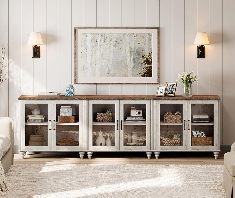 WAMAPT 101" Farmhouse Sideboard Credenza with 6 Glass Doors, Large Coffe...